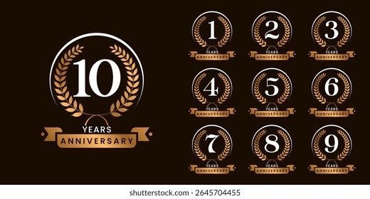 Set of vector icon or logo designs for 1st to 10th anniversary with laurel wreath, in gold color for celebrations, weddings and birthdays