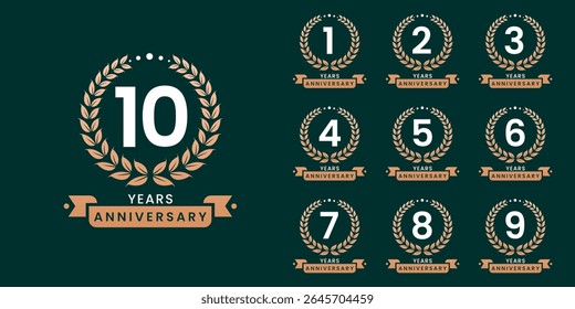 Set of vector icon or logo designs for 1st to 10th anniversary with laurel wreath, in gold color for celebrations, weddings and birthdays