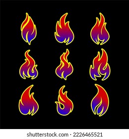 conjunto símbolo del logotipo del icono del vector del fuego gradiente de color rojo con diseño plano de contorno aislado en el elemento de diseño de fondo blanco para señal de peligro de calor, material inflamable, temperatura alta