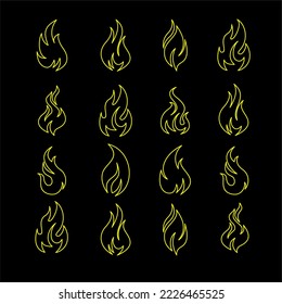 set vector icon logo symbol of fire flame with yellow outline style hand drawn flat design isolated on white background design element for heat hazard sign, flammable material, high temperature