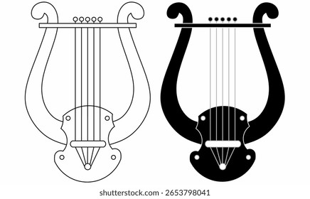 set Vetor ícone de harpa de lira ou uma lira grega clássica, mostrada em contorno, silhueta e estilo sólido. Inclui pinos de afinação, cordas e corpo. Ideal para música, mitologia ou design temático histórico. 
