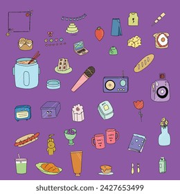 set vector icon mix drawing for decorating purple background