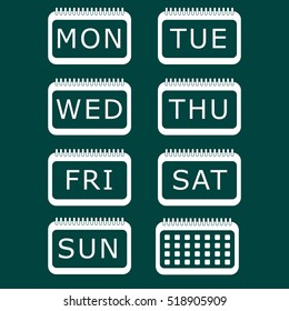 Set vector icon of monday, icon of tuesday, icon of wednesday, icon of thursday, icon of friday, icon of saturday, icon of sunday on dark green background