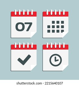 Establecer el calendario de la página de iconos vectoriales - número 7, aplicación de agenda, temporizador, marca realizada. Sí, éxito, comprobación, aprobación, confirmación de recordatorio y programación. Tiempo, reloj y recordatorio