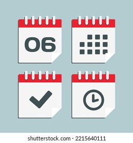 Set vector icon page calendar - number 6, agenda app, timer, mark done. Yes, success, check, approved, confirm reminder and schedule. Time, clock and reminder