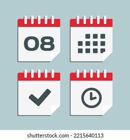 Set vector icon page calendar - number 8, agenda app, timer, mark done. Yes, success, check, approved, confirm reminder and schedule. Time, clock and reminder