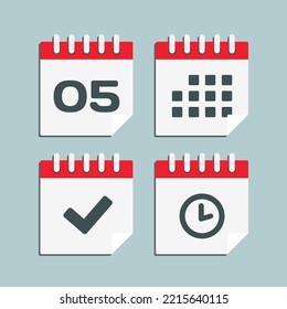 Establecer el calendario de la página de iconos vectoriales - número 5, aplicación de agenda, temporizador, marca realizada. Sí, éxito, comprobación, aprobación, confirmación de recordatorio y programación. Tiempo, reloj y recordatorio