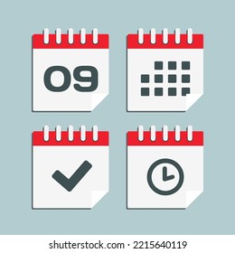 Establecer el calendario de la página de iconos vectoriales - número 9, aplicación de agenda, temporizador, marca realizada. Sí, éxito, comprobación, aprobación, confirmación de recordatorio y programación. Tiempo, reloj y recordatorio