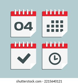 Set vector icon page calendar - number 4, agenda app, timer, mark done. Yes, success, check, approved, confirm reminder and schedule. Time, clock and reminder