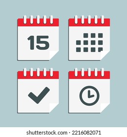 Establecer el calendario de páginas de iconos vectoriales - número 15, aplicación de agenda, temporizador, marca realizada. Sí, éxito, comprobación, aprobación, confirmación de recordatorio y programación. Tiempo, reloj y recordatorio