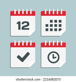 Stellen Sie Vektorsymbol-Kalender - Nummer 12, Agenda-App, Zeitgeber, Markierung fertig. Ja, Erfolg, Überprüfung, genehmigt, Erinnerung und Zeitplan bestätigen. Uhrzeit, Uhrzeit und Erinnerung