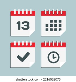 Set vector icon page calendar - number 13, agenda app, timer, mark done. Yes, success, check, approved, confirm reminder and schedule. Time, clock and reminder