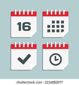 Set vector icon page calendar - number 16, agenda app, timer, mark done. Yes, success, check, approved, confirm reminder and schedule. Time, clock and reminder
