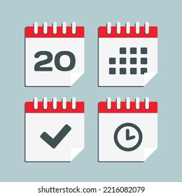 Set vector icon page calendar - number 20, agenda app, timer, mark done. Yes, success, check, approved, confirm reminder and schedule. Time, clock and reminder