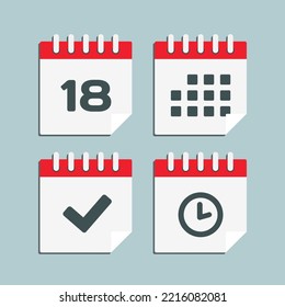 Stellen Sie Vektorsymbol-Kalender - Nummer 18, Agenda-App, Zeitgeber, Markierung fertig. Ja, Erfolg, Überprüfung, genehmigt, Erinnerung und Zeitplan bestätigen. Uhrzeit, Uhrzeit und Erinnerung