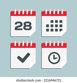 Establecer el calendario de páginas de iconos vectoriales - número 28, aplicación de agenda, temporizador, marca realizada. Sí, éxito, comprobación, aprobación, confirmación de recordatorio y programación. Tiempo, reloj y recordatorio