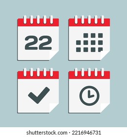 Set vector icon page calendar - number 22, agenda app, timer, mark done. Yes, success, check, approved, confirm reminder and schedule. Time, clock and reminder