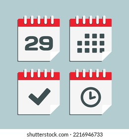 Set vector icon page calendar - number 29, agenda app, timer, mark done. Yes, success, check, approved, confirm reminder and schedule. Time, clock and reminder