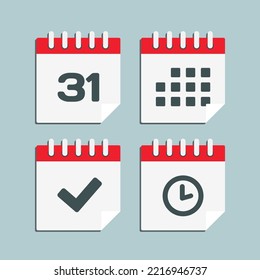Set vector icon page calendar - number 31, agenda app, timer, mark done. Yes, success, check, approved, confirm reminder and schedule. Time, clock and reminder
