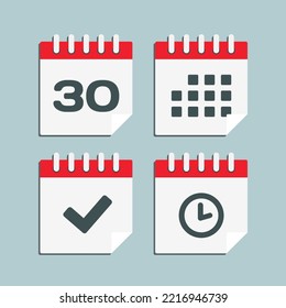 Set vector icon page calendar - number 30, agenda app, timer, mark done. Yes, success, check, approved, confirm reminder and schedule. Time, clock and reminder