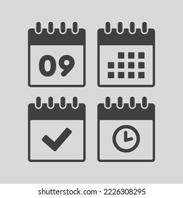 Establecer el calendario de la página de iconos vectoriales - número 9, aplicación de agenda, temporizador, marca realizada. Sí, éxito, comprobación, aprobación, confirmación de recordatorio y programación. Tiempo, reloj y recordatorio