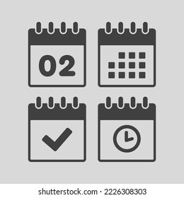 Set vector icon page calendar - number 2, agenda app, timer, mark done. Yes, success, check, approved, confirm reminder and schedule. Time, clock and reminder