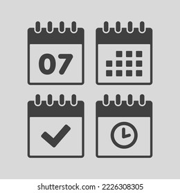 Set vector icon page calendar - number 7, agenda app, timer, mark done. Yes, success, check, approved, confirm reminder and schedule. Time, clock and reminder