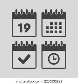Establecer el calendario de páginas de iconos vectoriales - número 19, aplicación de agenda, temporizador, marca realizada. Sí, éxito, comprobación, aprobación, confirmación de recordatorio y programación. Tiempo, reloj y recordatorio