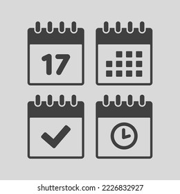 Set vector icon page calendar - number 17, agenda app, timer, mark done. Yes, success, check, approved, confirm reminder and schedule. Time, clock and reminder