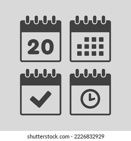 Set vector icon page calendar - number 20, agenda app, timer, mark done. Yes, success, check, approved, confirm reminder and schedule. Time, clock and reminder