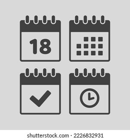 Establecer el calendario de páginas de iconos vectoriales - número 18, aplicación de agenda, temporizador, marca realizada. Sí, éxito, comprobación, aprobación, confirmación de recordatorio y programación. Tiempo, reloj y recordatorio