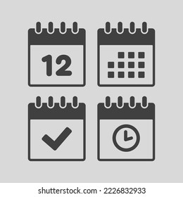 Stellen Sie Vektorsymbol-Kalender - Nummer 12, Agenda-App, Zeitgeber, Markierung fertig. Ja, Erfolg, Überprüfung, genehmigt, Erinnerung und Zeitplan bestätigen. Uhrzeit, Uhrzeit und Erinnerung