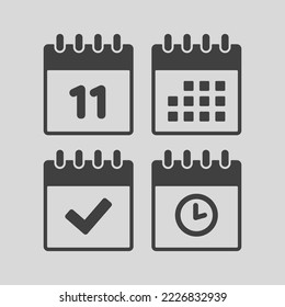 Set vector icon page calendar - number 11, agenda app, timer, mark done. Yes, success, check, approved, confirm reminder and schedule. Time, clock and reminder