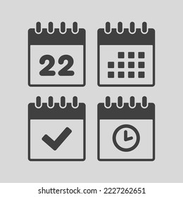 Set vector icon page calendar - number 22, agenda app, timer, mark done. Yes, success, check, approved, confirm reminder and schedule. Time, clock and reminder