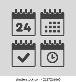 Set vector icon page calendar - number 24, agenda app, timer, mark done. Yes, success, check, approved, confirm reminder and schedule. Time, clock and reminder
