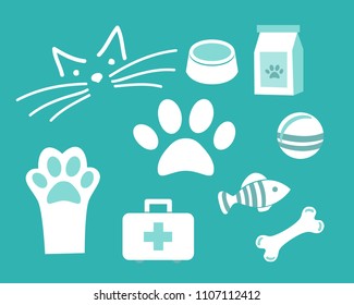 set Vector icon – pet for vet or pet shop. White Symbols Cat muzzle, bowl, fish, bone, ball, paw on  blue background.