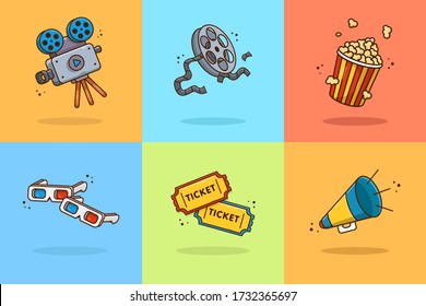 Set of vector icon for shooting films on isolated background. Cartoon icons that can be used in movie themes. Cinema, films, entertainment. Suitable for web page, banner, flyer, sticker, card.