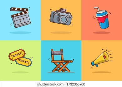 Set of vector icon for shooting films on isolated background. Cartoon icons that can be used in movie themes. Cinema, films, entertainment. Suitable for web page, banner, flyer, sticker, card.