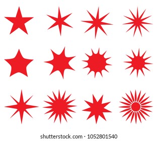 Set of vector icon stars, sunburst badges.  Graphic, shine, decoration, sunshine, glitter symbol. Design element great for retro style projects.