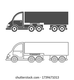 Set of vector icon tractor with trailer. Simple design, filled and empty silhouette isolated on a white background. Design for coloring books, websites, and apps
