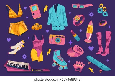 Set of vector icon of women items. 90s fashion and beauty outfit and vintage style accessory. Classic girl power aesthetic style. Swimsuit and lady costume, dress and wear. Lady, female, woman symbol.