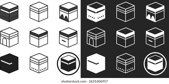 set of vector icons Set of 18 vector Kaaba icons for hajj and umrah on white and black background, Eid, Eid al Adah.