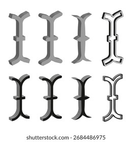 Set of vector icons. 3D geometric shapes. Dimensional metal objects. Futuristic technology symbols. EPS 10.