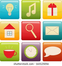 Set of vector icons. 9 color media buttons: gift, letter, clock, house, etc.