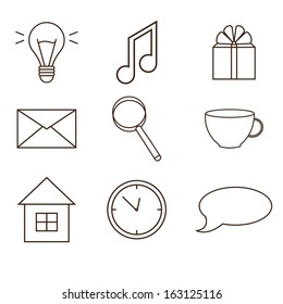 Set of vector icons. 9 outline isolated icons: gift, letter, clock, house, etc.