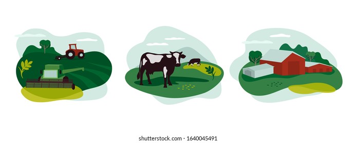 Set of vector icons about agriculture occupation, livestock. Illustration of tractor and combine harvester on field, farming landscape, farm animals and agricultural building, scenery of countryside.