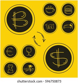 Set of vector icons about currency, bitcoin and tourism for your design.