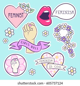 Set of vector icons about feminisim. Gender equality. Cute cartoon style