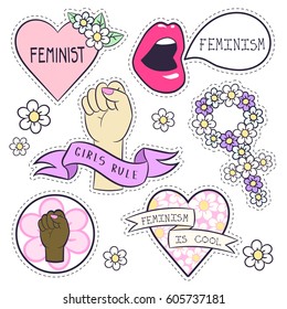 Set of vector icons about feminisim. Gender equality. Cute and cool cartoon style