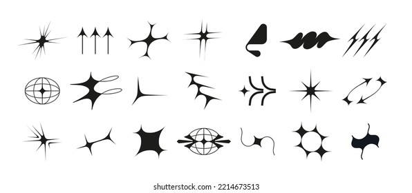 Set of vector icons of acid flare shapes and arrows. supernova explosion space figures in Y2k korean style